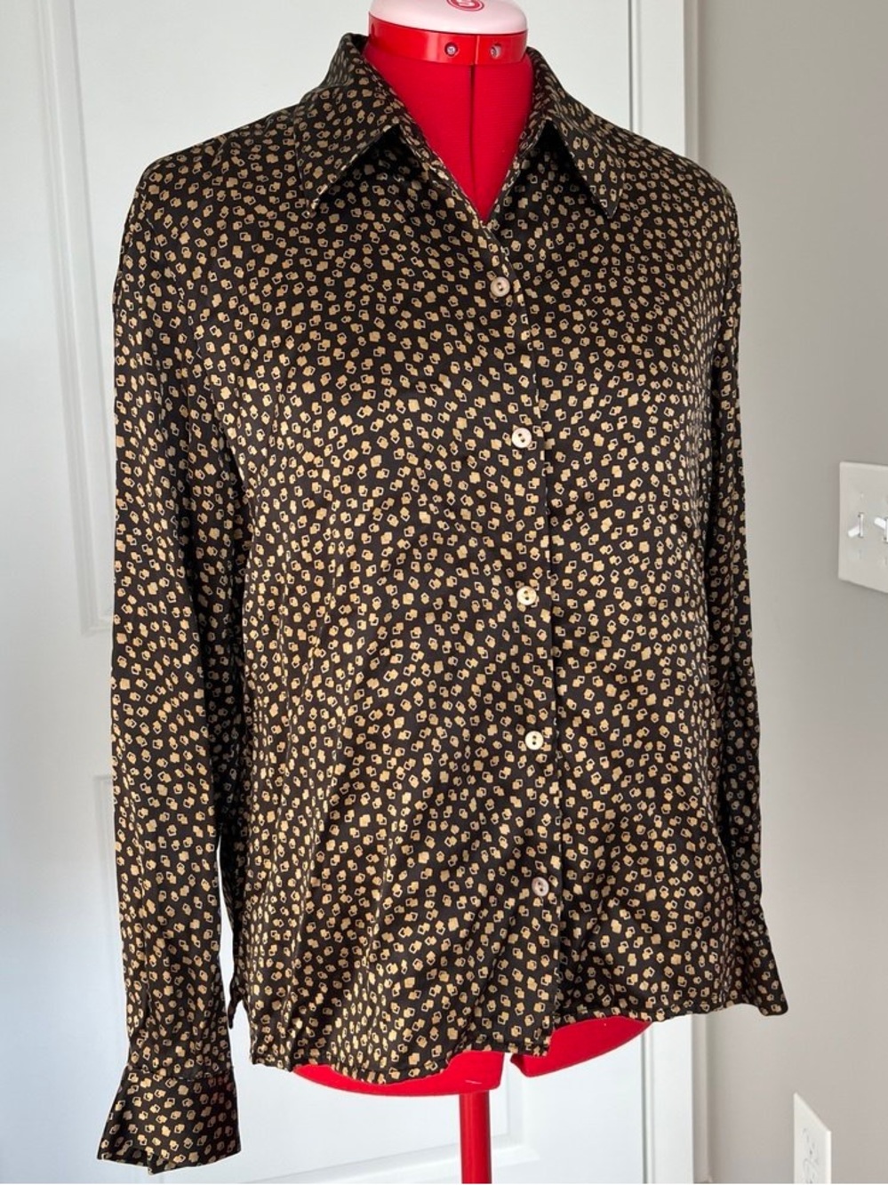 Rena Rowan Black Button-Front Blouse with Tan Spot Print